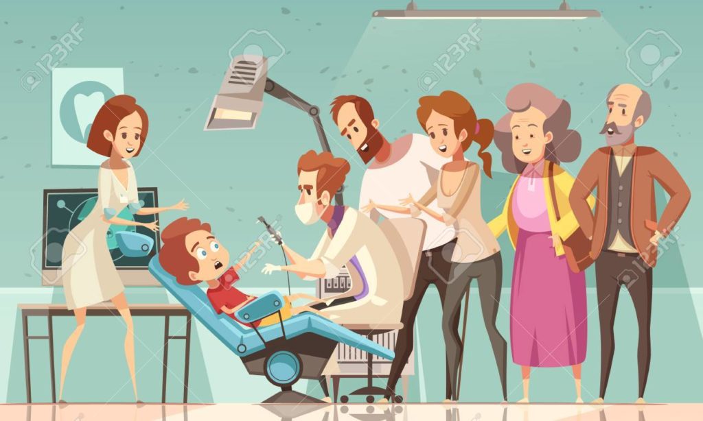 86999562 Funny Cartoon Scene In Dentist Office With Doctor Nurse Baby In Armchair His Parents And Grandparent 1024x614